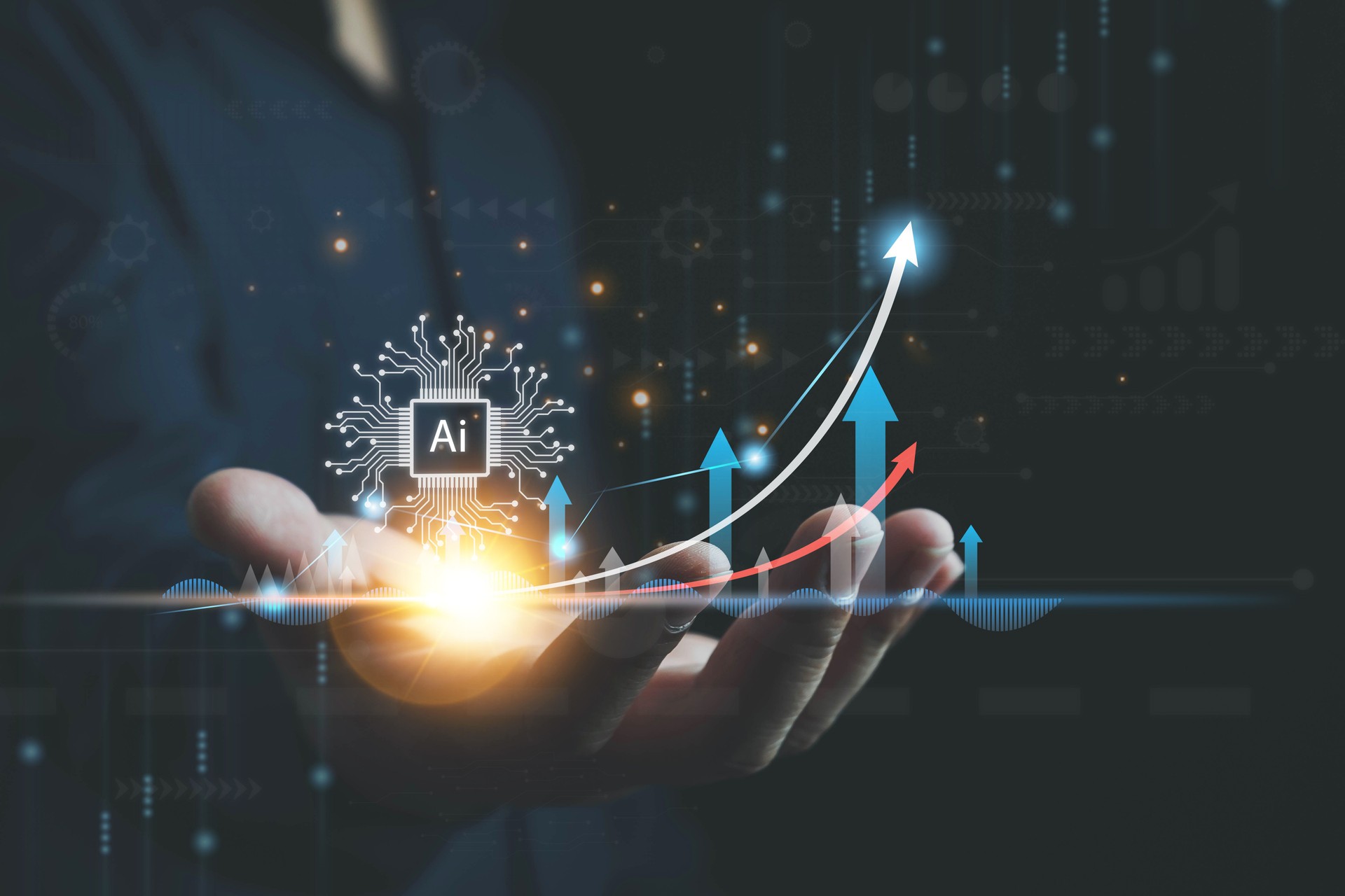 Ai technology, businessman show virtual graphic Global Internet connect Chat with AI, Artificial Intelligence. using command prompt for generates something, Futuristic technology transformation.